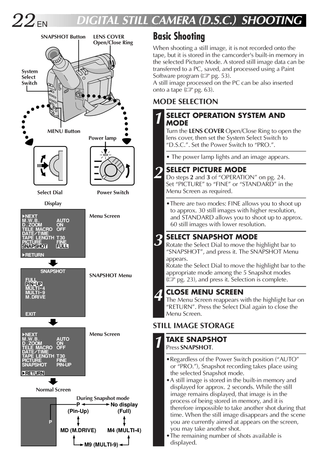 JVC GR-AXM710 manual Basic Shooting, Mode Selection, Still Image Storage 