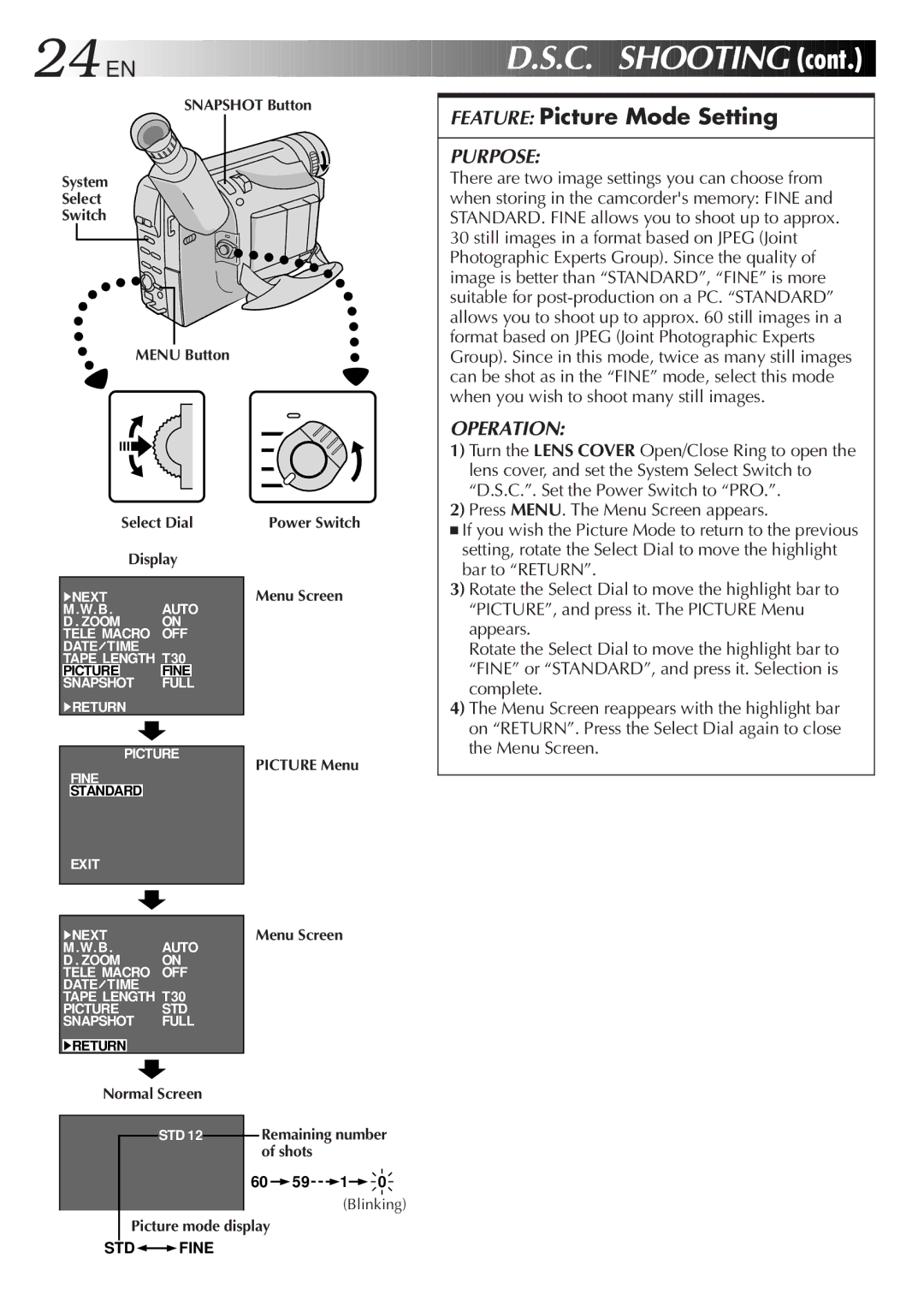 JVC GR-AXM710 manual Feature Picture Mode Setting, Snapshot Button System Select Switch Menu Button, Normal Screen 