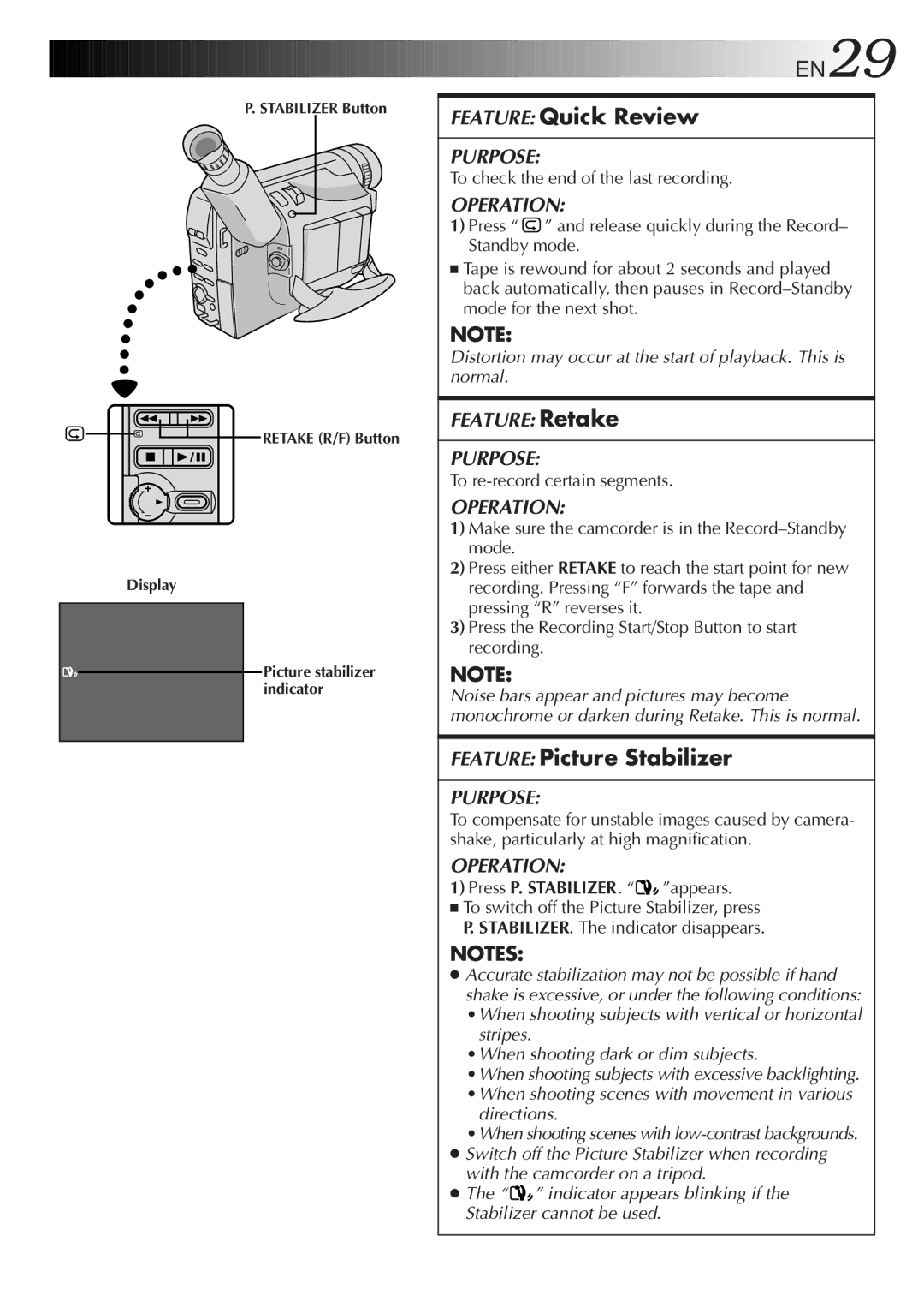 JVC GR-AXM710 manual Feature Quick Review, Feature Picture Stabilizer, To check the end of the last recording 