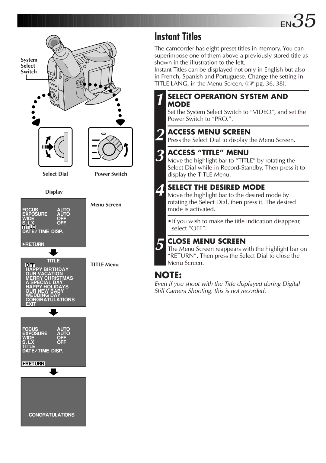 JVC GR-AXM710 manual Instant Titles, Access Title Menu, System Select Switch Select Dial Display 