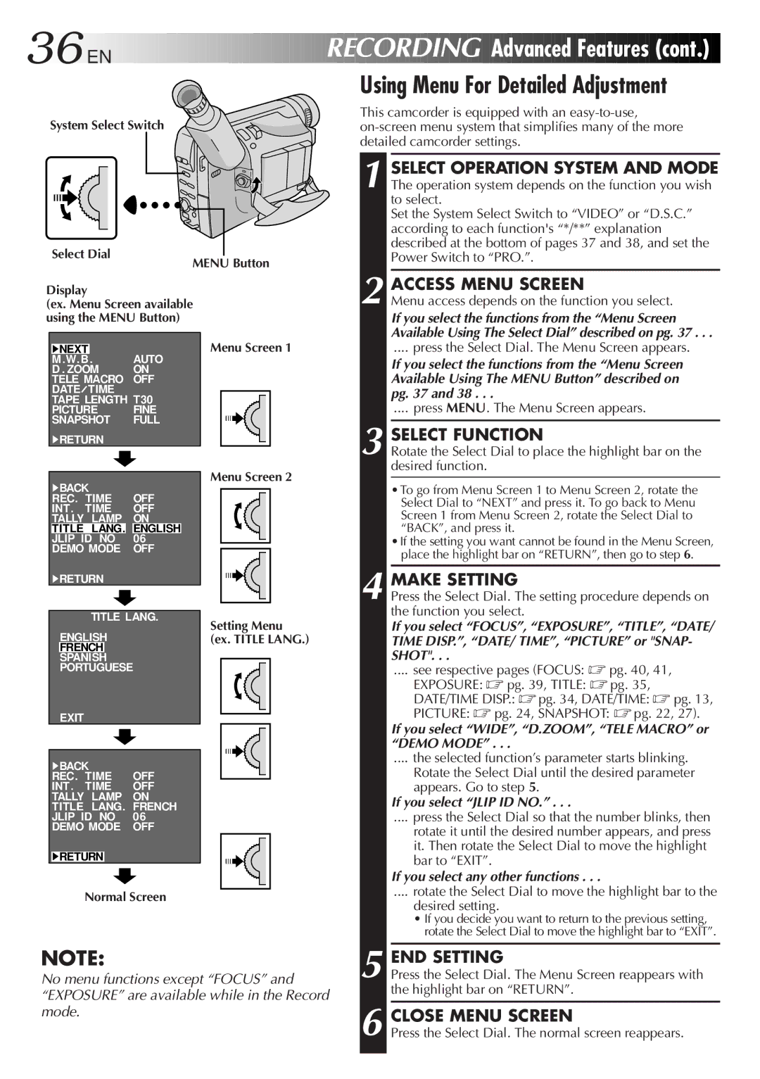 JVC GR-AXM710 Using Menu For Detailed Adjustment, Make Setting, END Setting, System Select Switch Select Dial Menu Button 