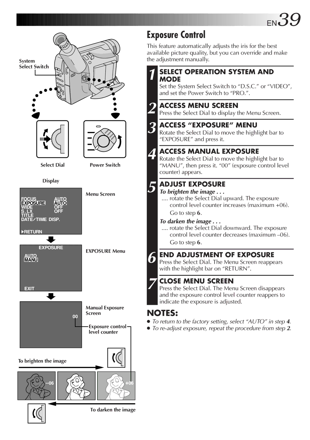 JVC GR-AXM710 manual Exposure Control, Access Exposure Menu, To darken the image 