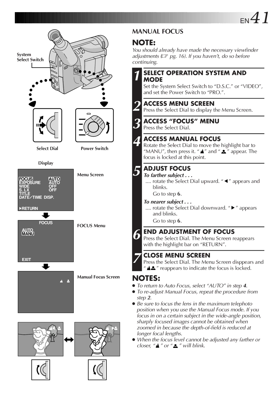 JVC GR-AXM710 manual Access Focus Menu, Access Manual Focus, END Adjustment of Focus, To nearer subject 