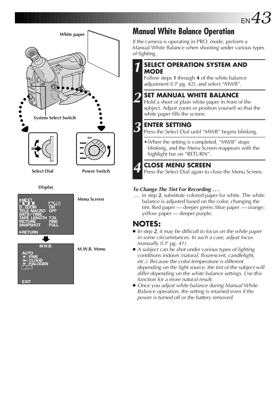 JVC GR-AXM710 manual Manual White Balance Operation, Enter Setting, Press the Select Dial again to close the Menu Screen 