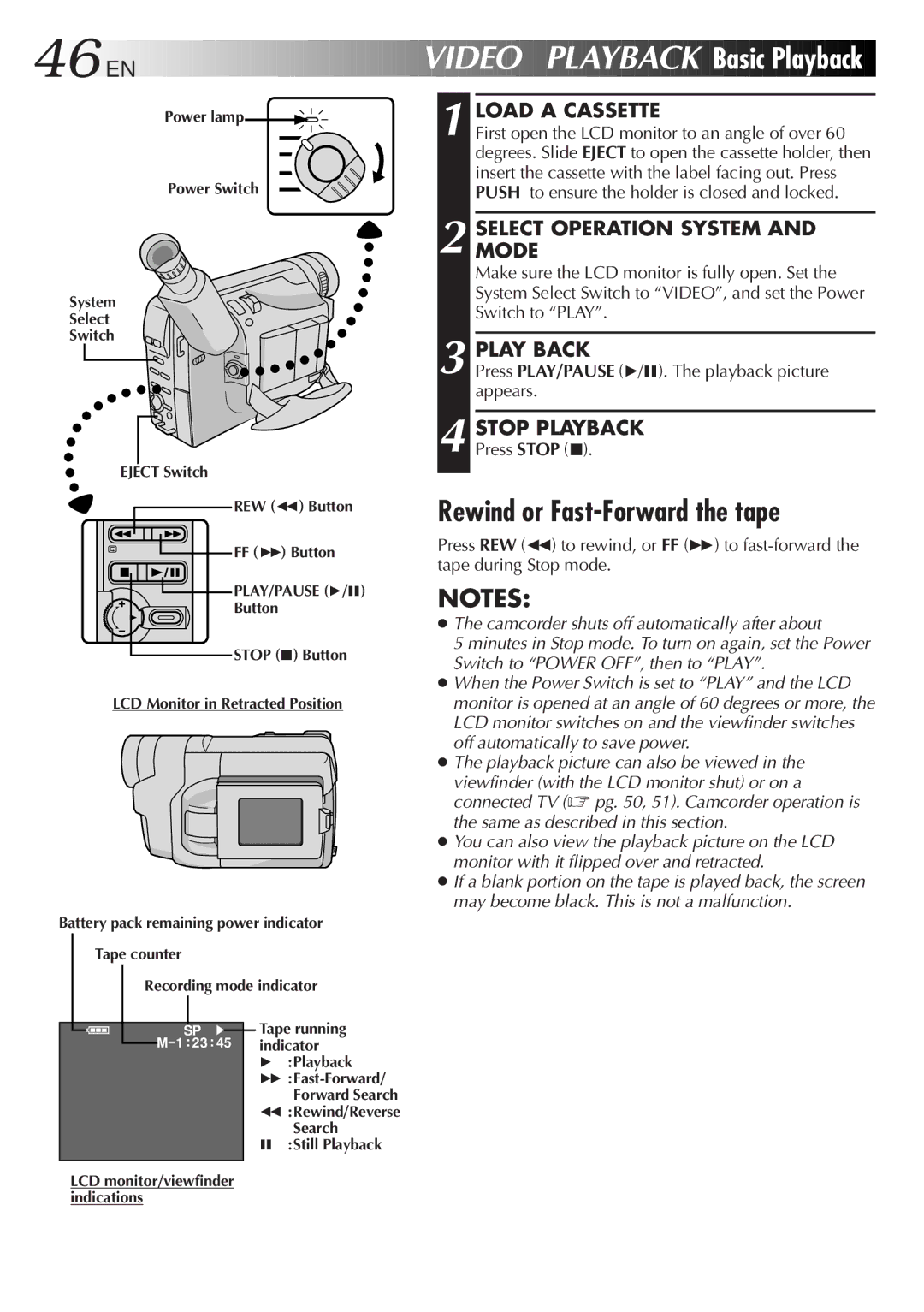 JVC GR-AXM710 manual Video Playback Basic Playback, Rewind or Fast-Forward the tape, Play Back, Stop Playback 