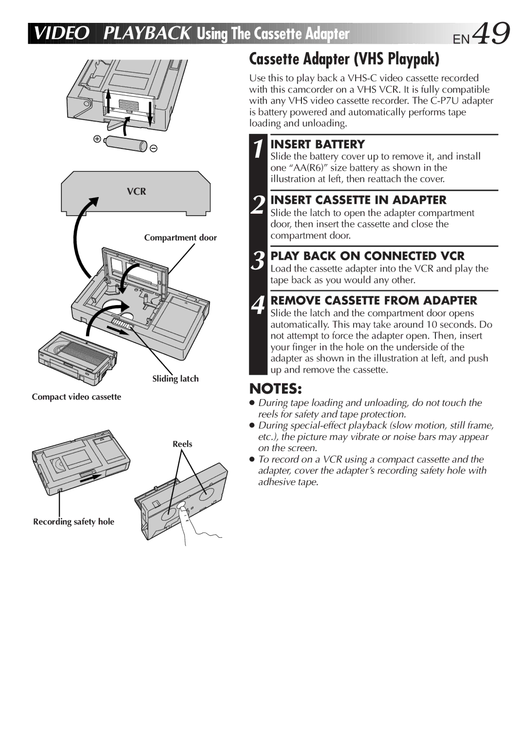 JVC GR-AXM710 manual Video Playback Using The Cassette Adapter EN49, Cassette Adapter VHS Playpak, Insert Battery 