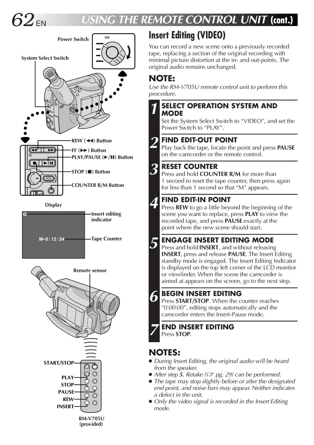 JVC GR-AXM710 manual EN Using the Remote Control Unit, Insert Editing Video 