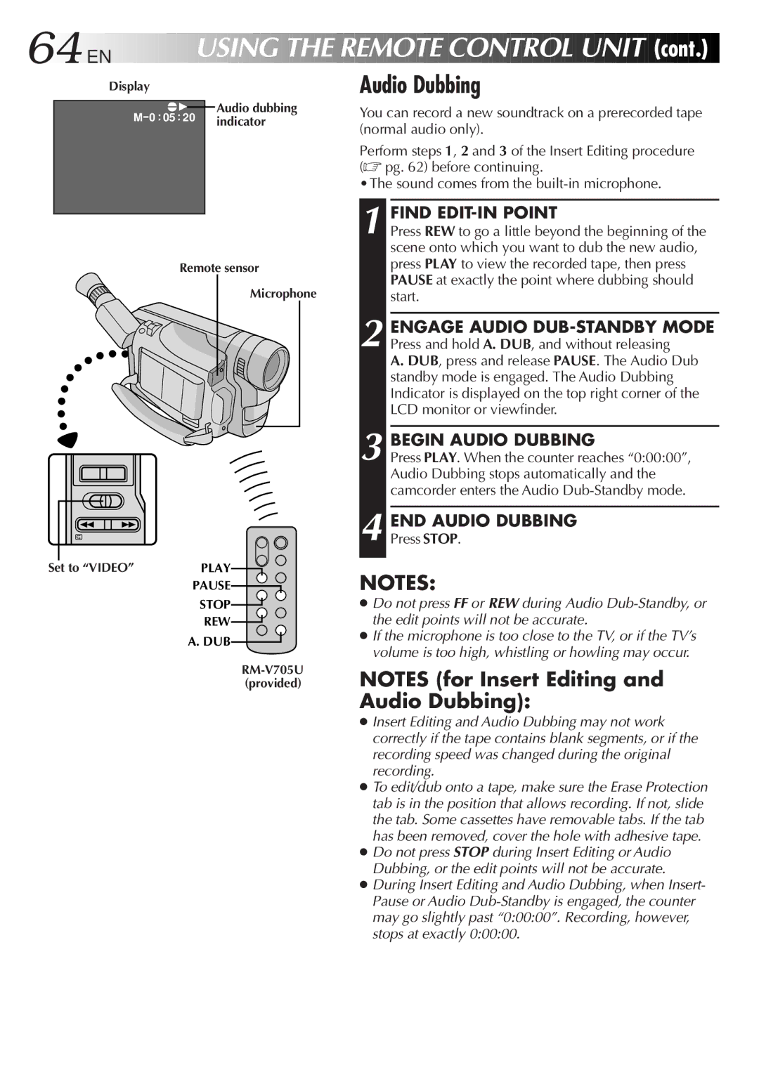 JVC GR-AXM710 manual Begin Audio Dubbing, END Audio Dubbing, Remote sensor Microphone Set to Video 