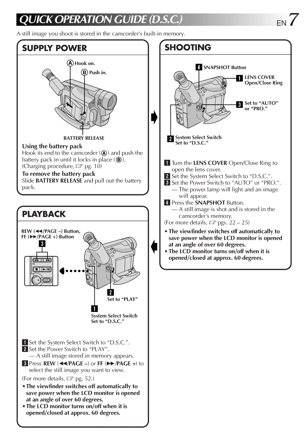 JVC GR-AXM710 manual Quick Operation Guide D.S.C. EN7, Snapshot Button, Open/Close Ring Set to Auto or PRO 