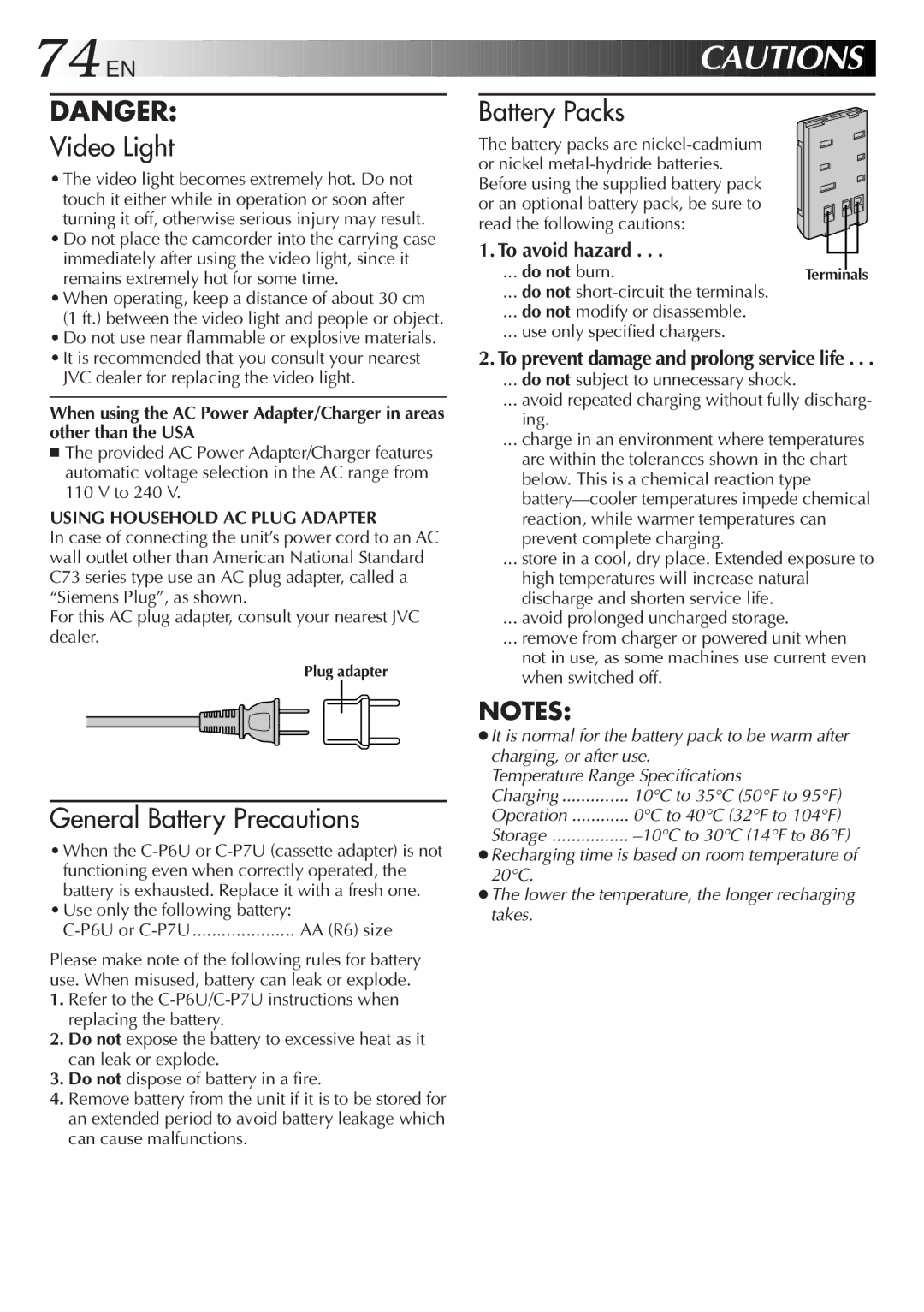 JVC GR-AXM710 manual To avoid hazard, Do not burn, To prevent damage and prolong service life, Plug adapter 