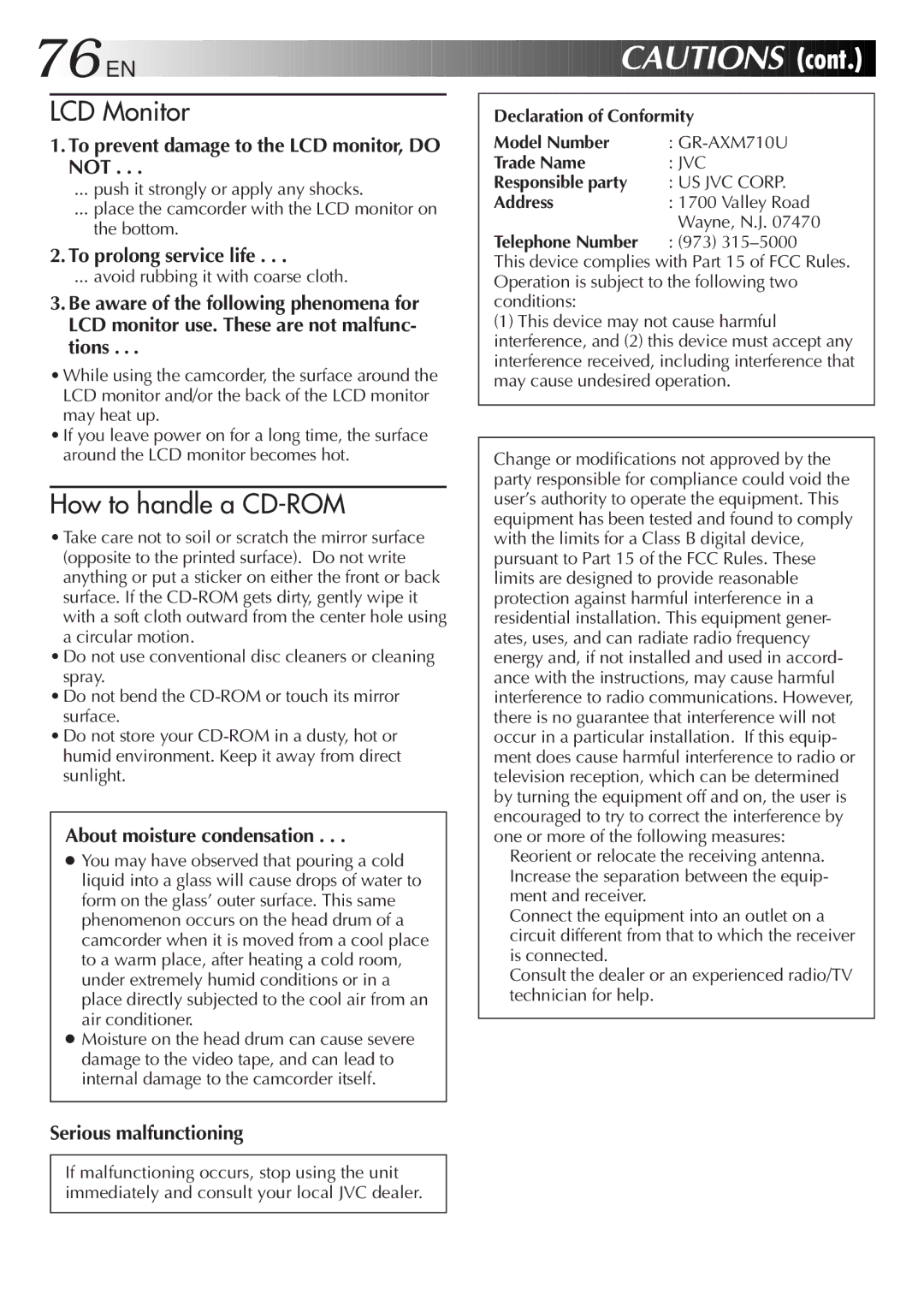 JVC GR-AXM710 manual To prevent damage to the LCD monitor, do not, To prolong service life, About moisture condensation 