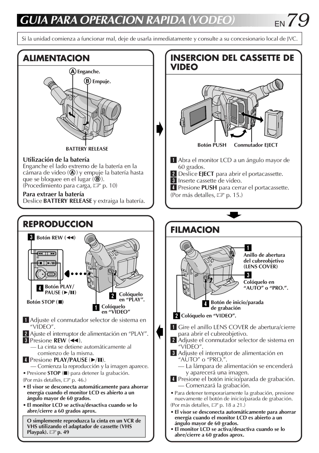 JVC GR-AXM710 manual Guia Para Operacion Rapida Vodeo EN79, Utilización de la batería, Para extraer la batería 