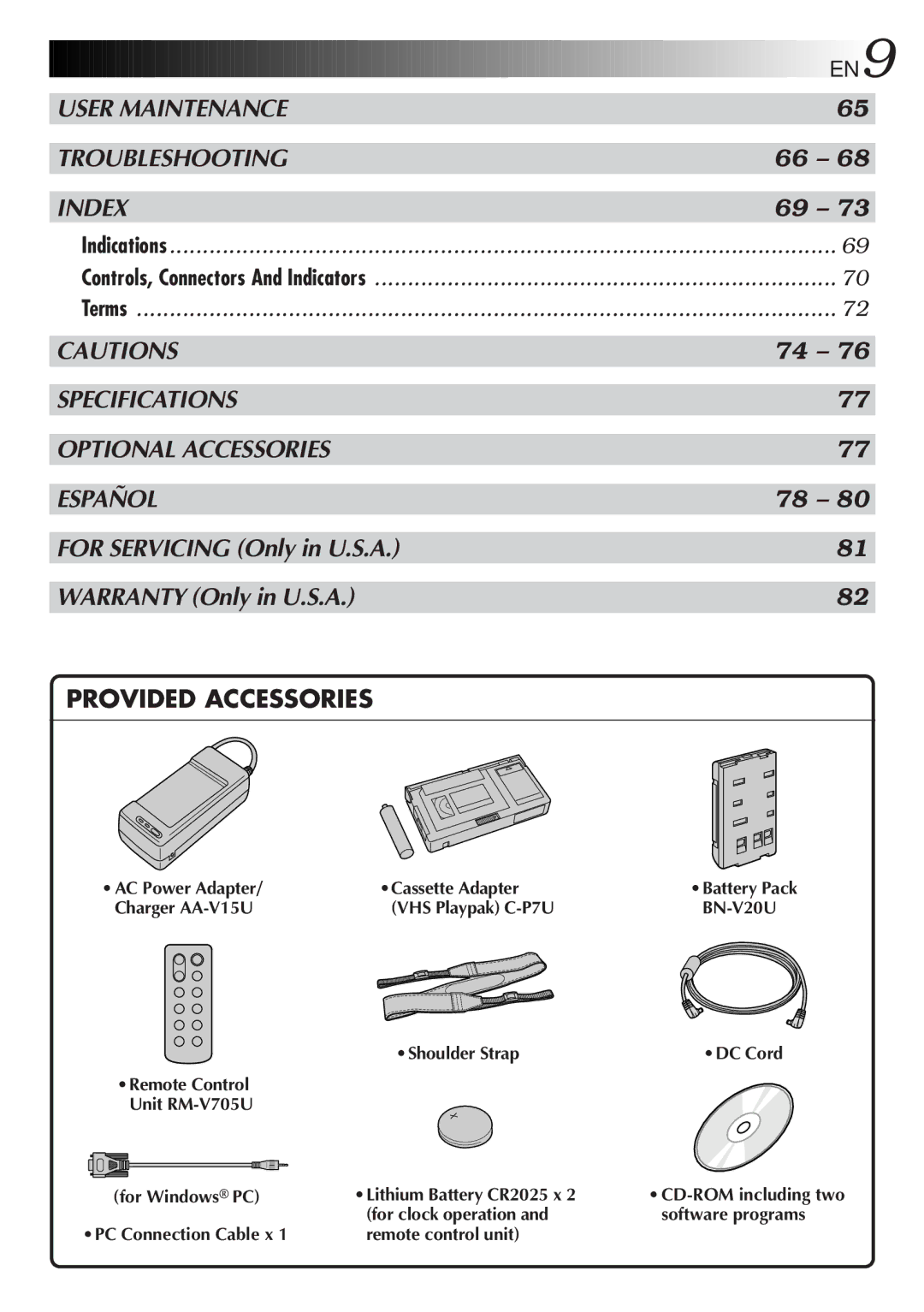 JVC GR-AXM710 manual Cassette Adapter, VHS Playpak C-P7U BN-V20U Shoulder Strap DC Cord, Unit RM-V705U For Windows PC 