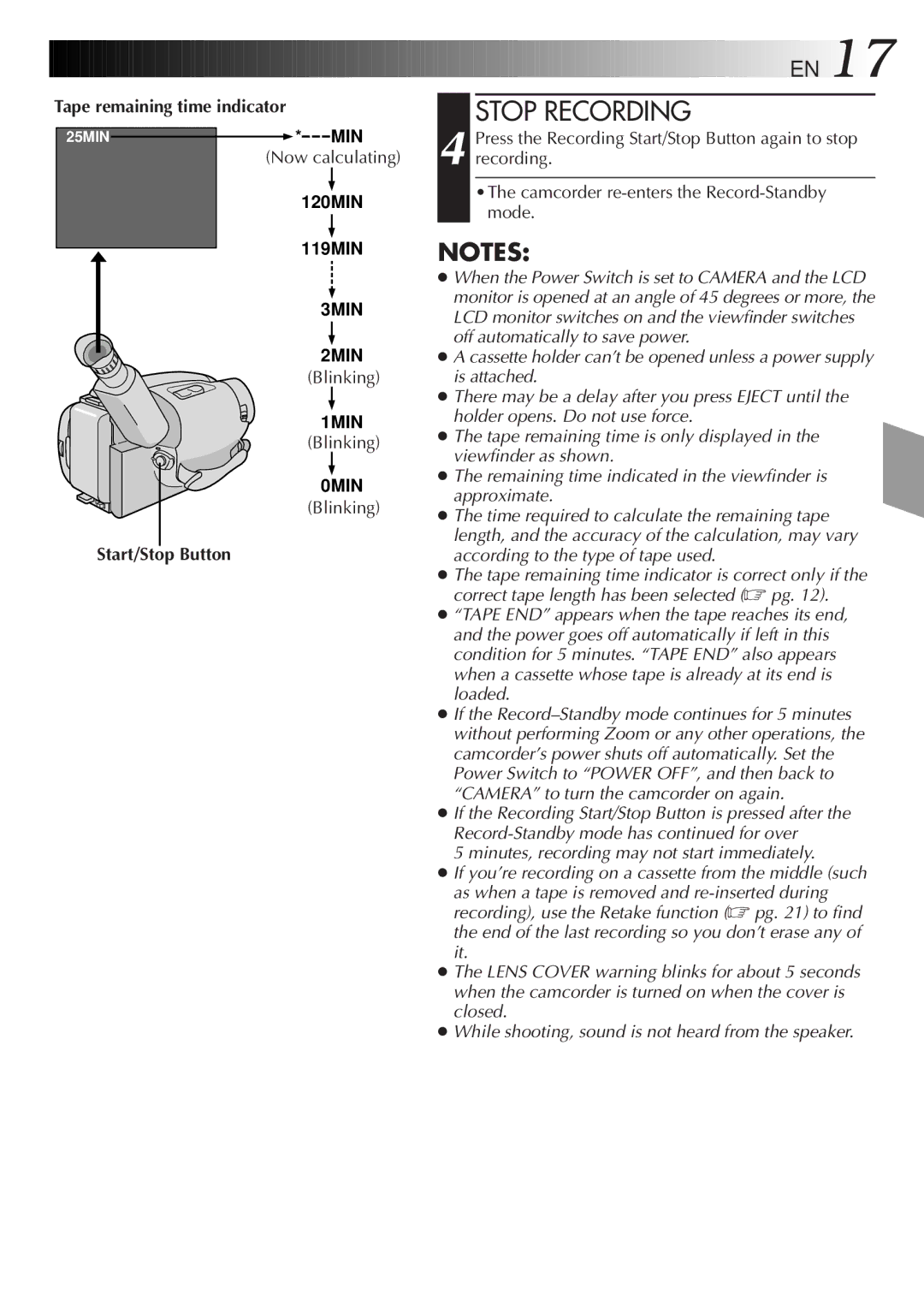 JVC GR-AXM750 manual Stop Recording, Tape remaining time indicator, Now calculating, Blinking 