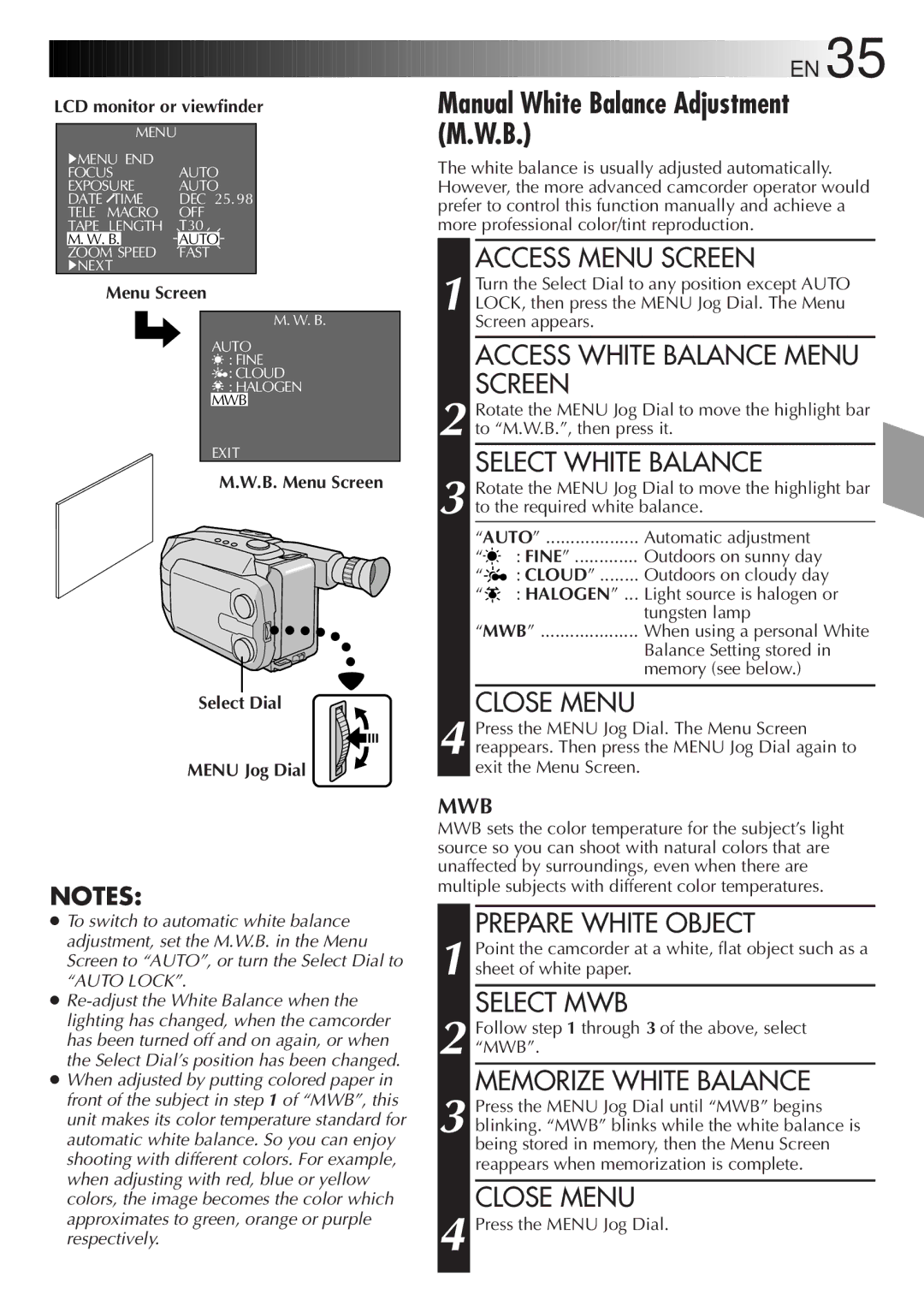 JVC GR-AXM750 manual Manual White Balance Adjustment M.W.B 