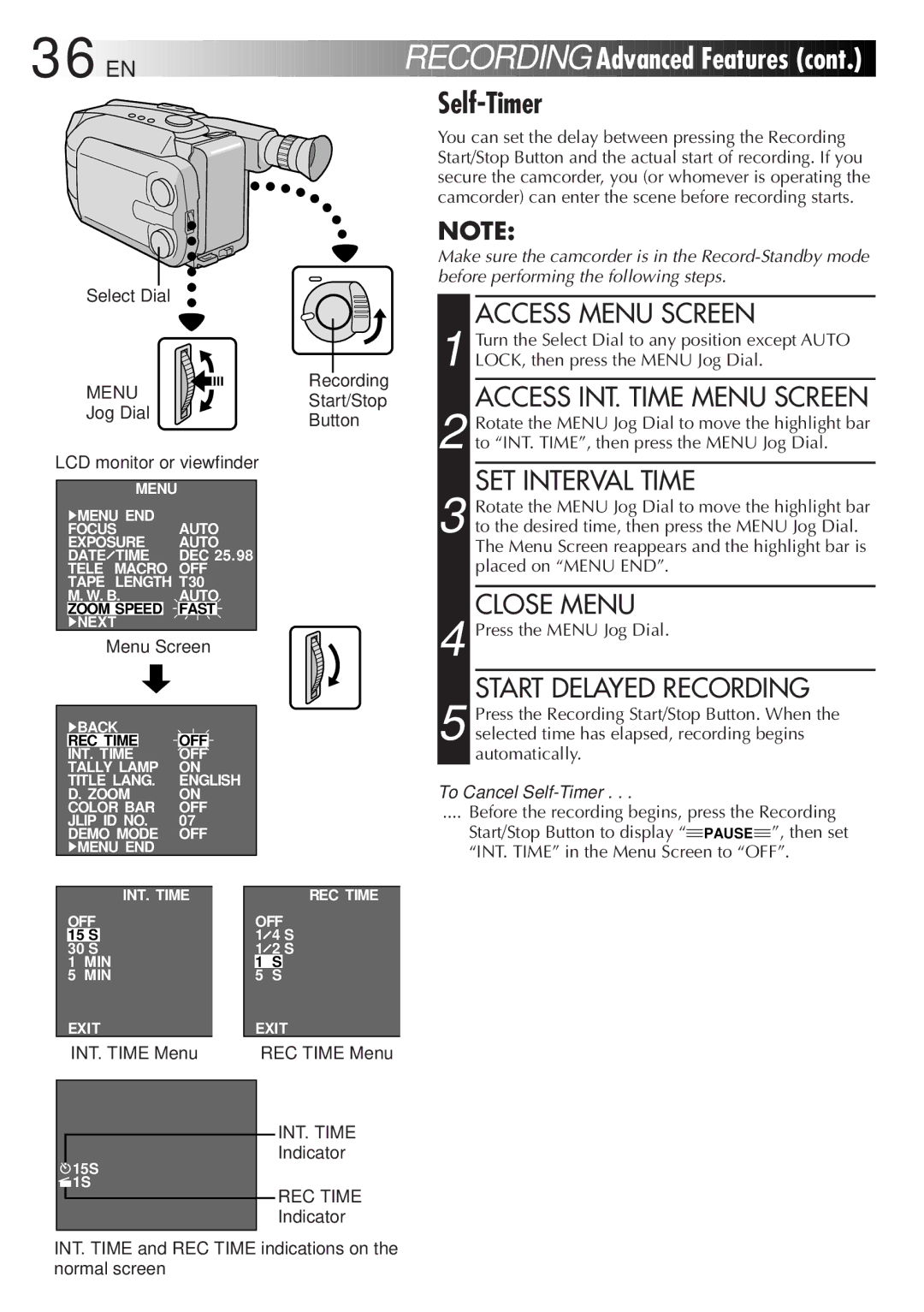 JVC GR-AXM750 manual INT. Time Menu, REC Time Menu, Indicator 