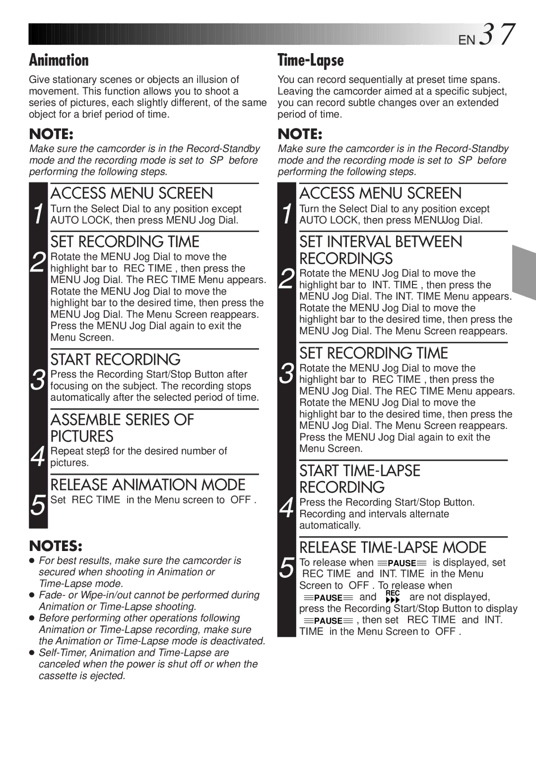 JVC GR-AXM750 manual Time-Lapse, Release Animation Mode, SET Interval Between Recordings, SET Recording Time 