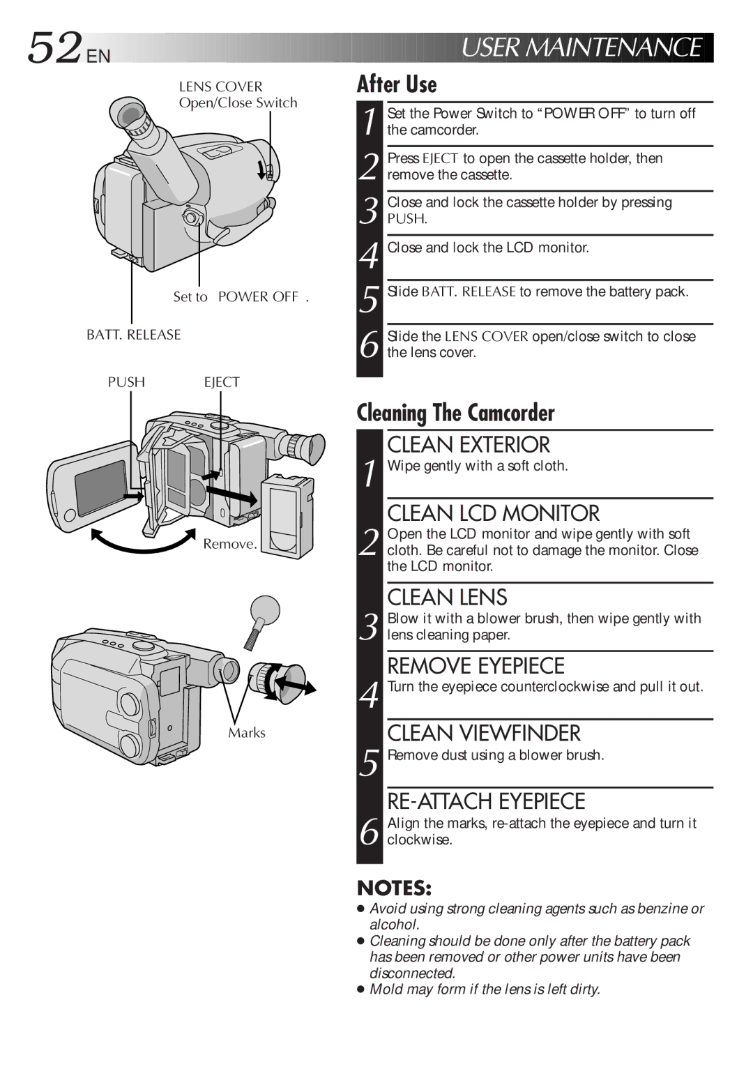 JVC GR-AXM750 manual Open/Close Switch Set to Power OFF, BATT. Release Push Eject, Remove Marks 