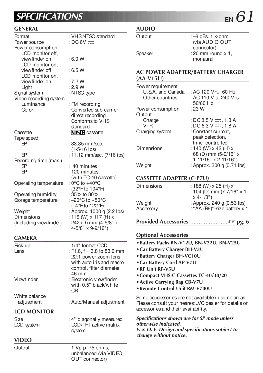 JVC GR-AXM750 manual Specifications, Provided Accessories ...................... pg, Optional Accessories 