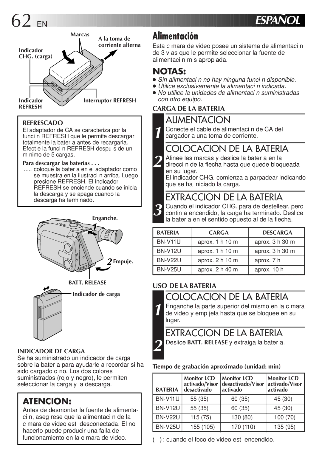 JVC GR-AXM750 manual Alimentación, Alimentacion, Colocacion DE LA Bateria, Extraccion DE LA Bateria 