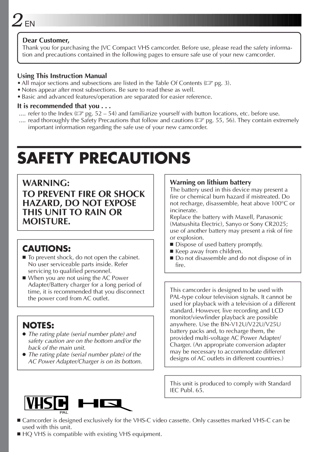 JVC GR-AXM768EG instruction manual Safety Precautions 