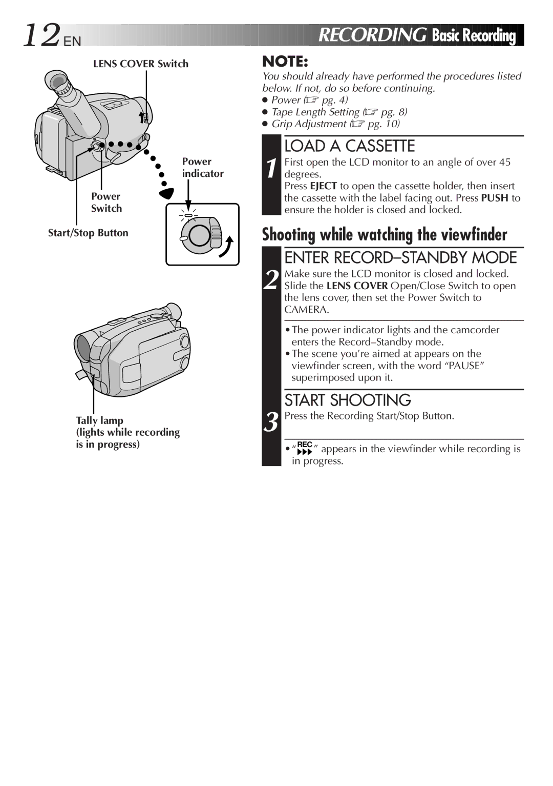 JVC GR-AXM768EG instruction manual Basic Recording, Load a Cassette, Enter RECORD-STANDBY Mode, Start Shooting 