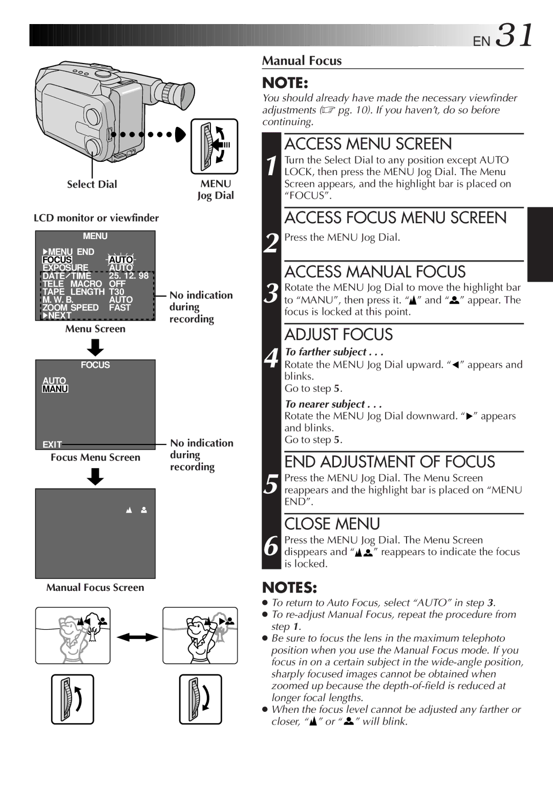 JVC GR-AXM768EG instruction manual END Adjustment of Focus, Focus Menu Screen Manual Focus Screen 