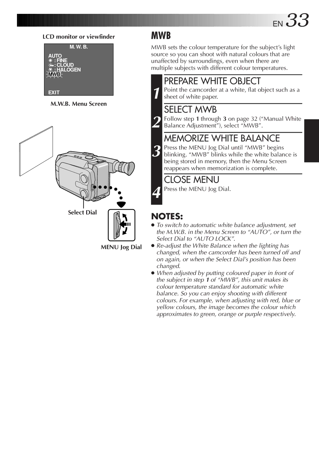 JVC GR-AXM768EG instruction manual LCD monitor or viewfinder, B. Menu Screen Select Dial Menu Jog Dial 