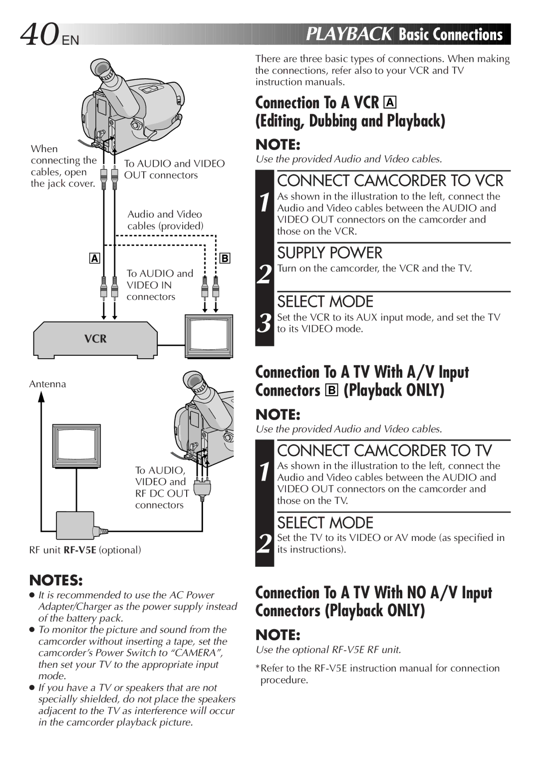JVC GR-AXM768EG instruction manual Basic Connections, Connect Camcorder to VCR, Connect Camcorder to TV 