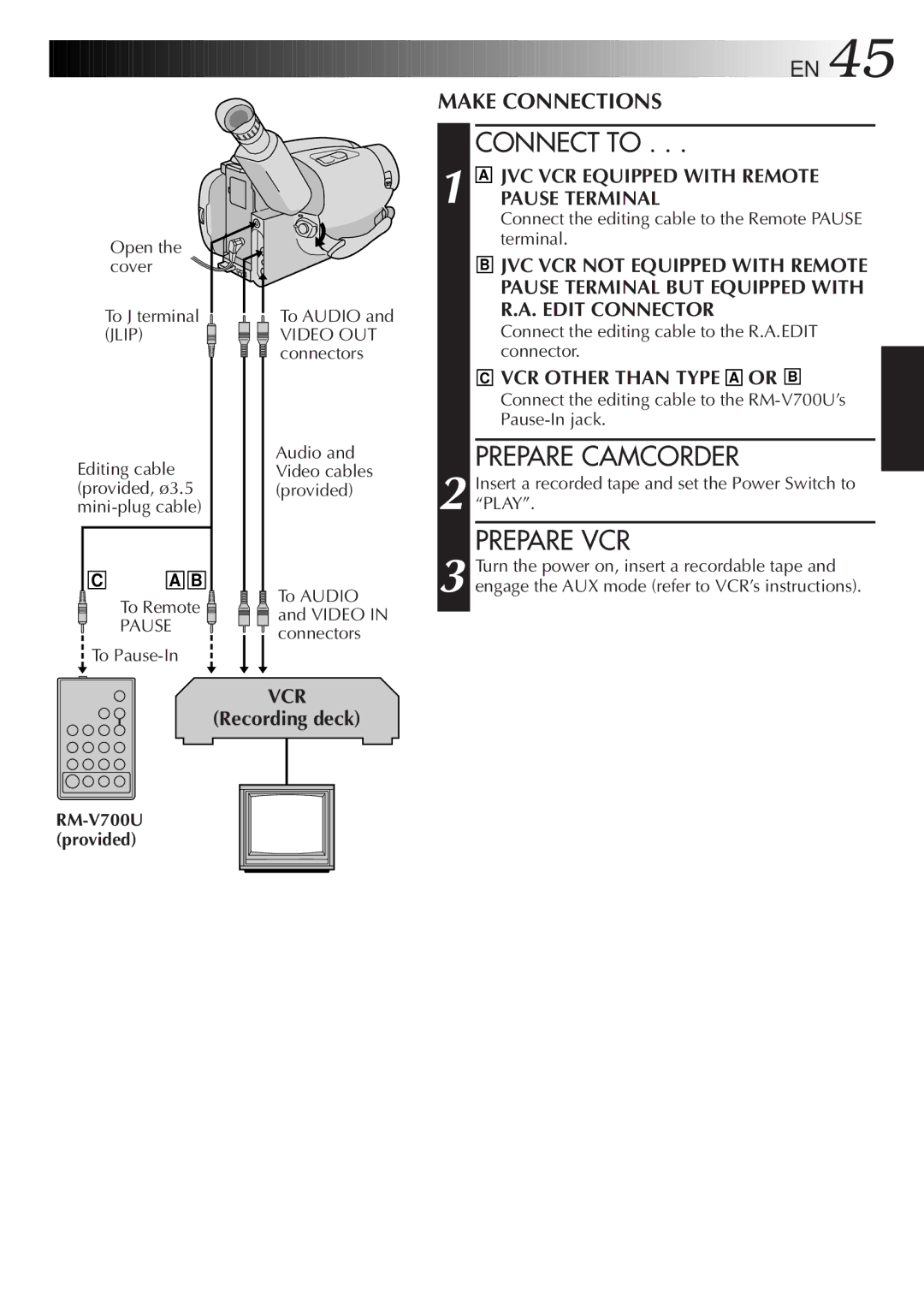 JVC GR-AXM768EG instruction manual Connect to, Prepare Camcorder, Prepare VCR 