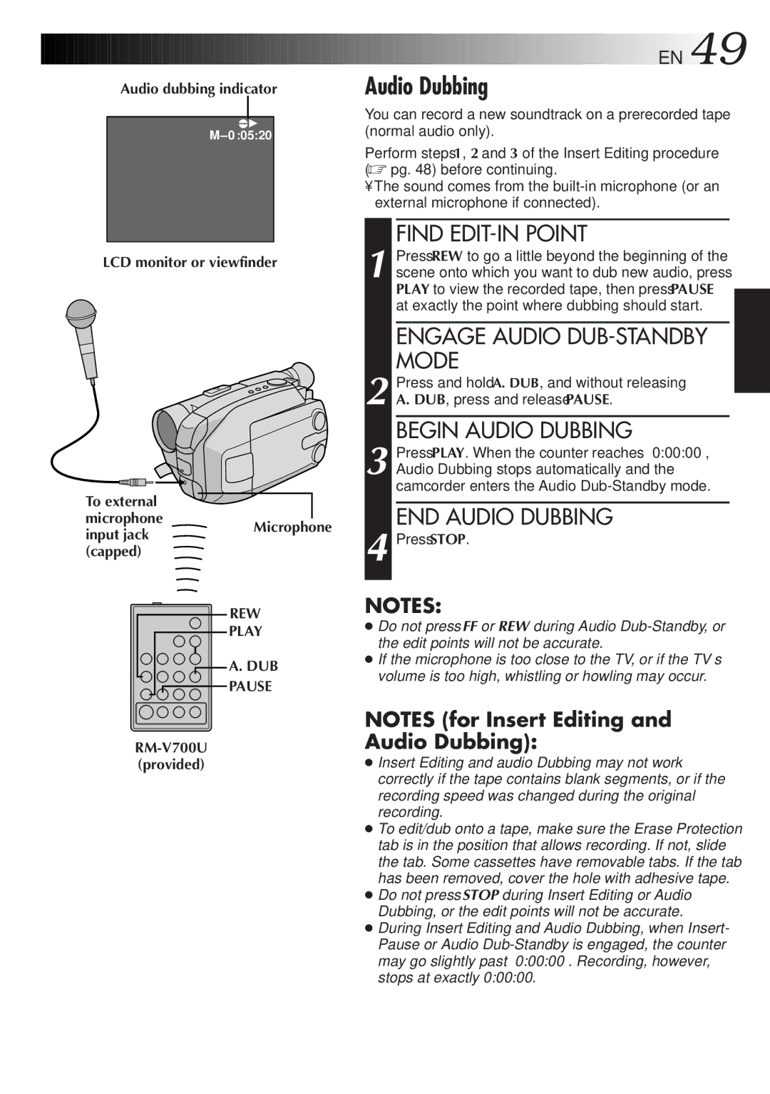 JVC GR-AXM768EG instruction manual Audio dubbing indicator, REW Play, Dub, Pause 
