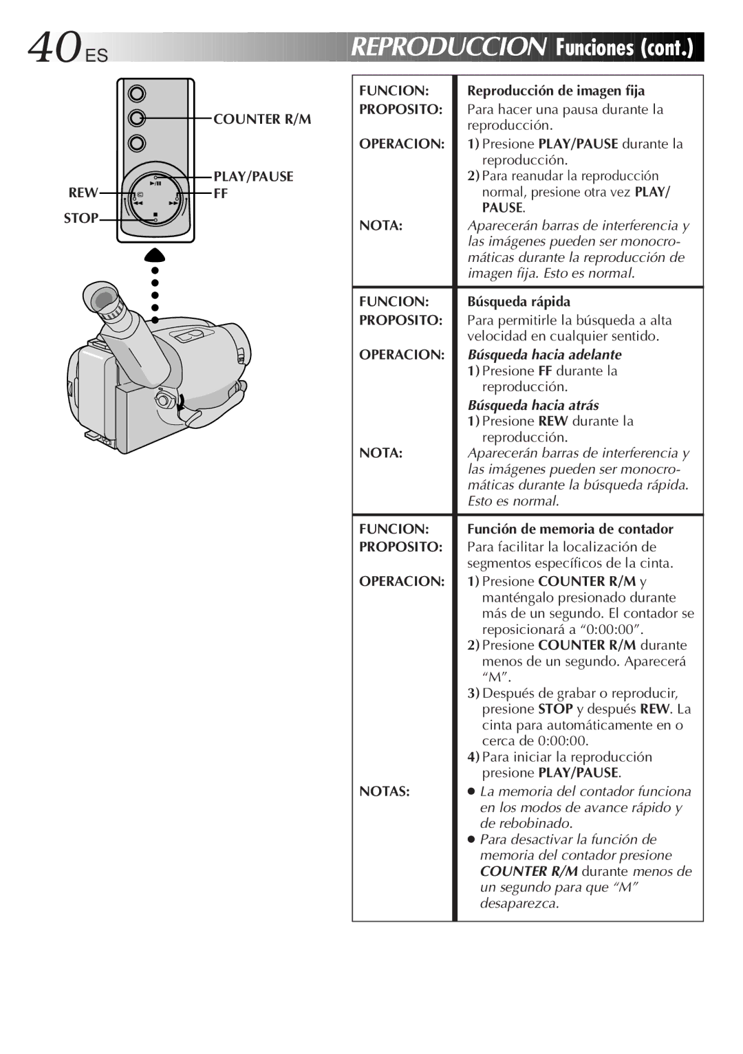 JVC GR-AXM77UM manual Reproduccion Funciones, Counter R/M PLAY/PAUSE REW FF Stop Funcion, Búsqueda hacia adelante 