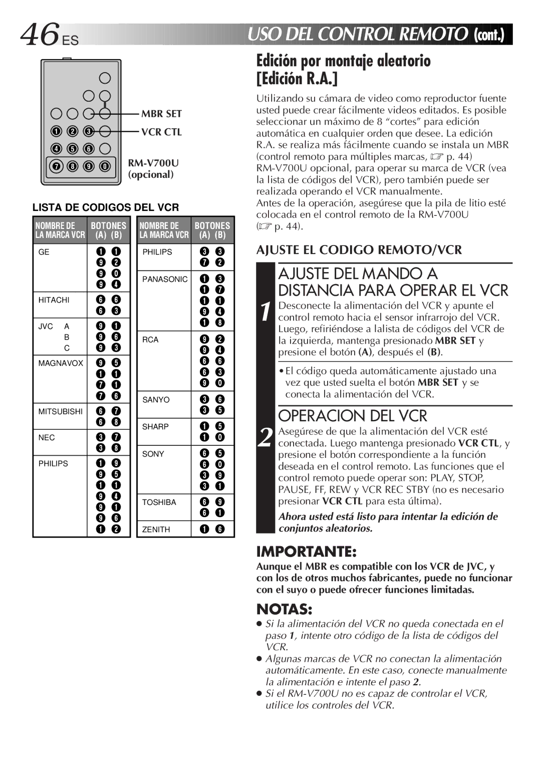 JVC GR-AXM77UM manual Edición por montaje aleatorio Edición R.A, Operacion DEL VCR, Mbr Set, 9 0 RM-V700U opcional 