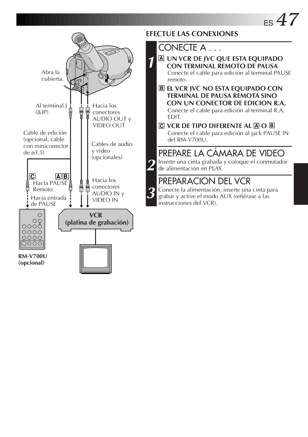 JVC GR-AXM77UM Conecte a, Prepare LA Cámara DE Video, Preparacion DEL VCR, VCR platina de grabación, RM-V700U opcional 