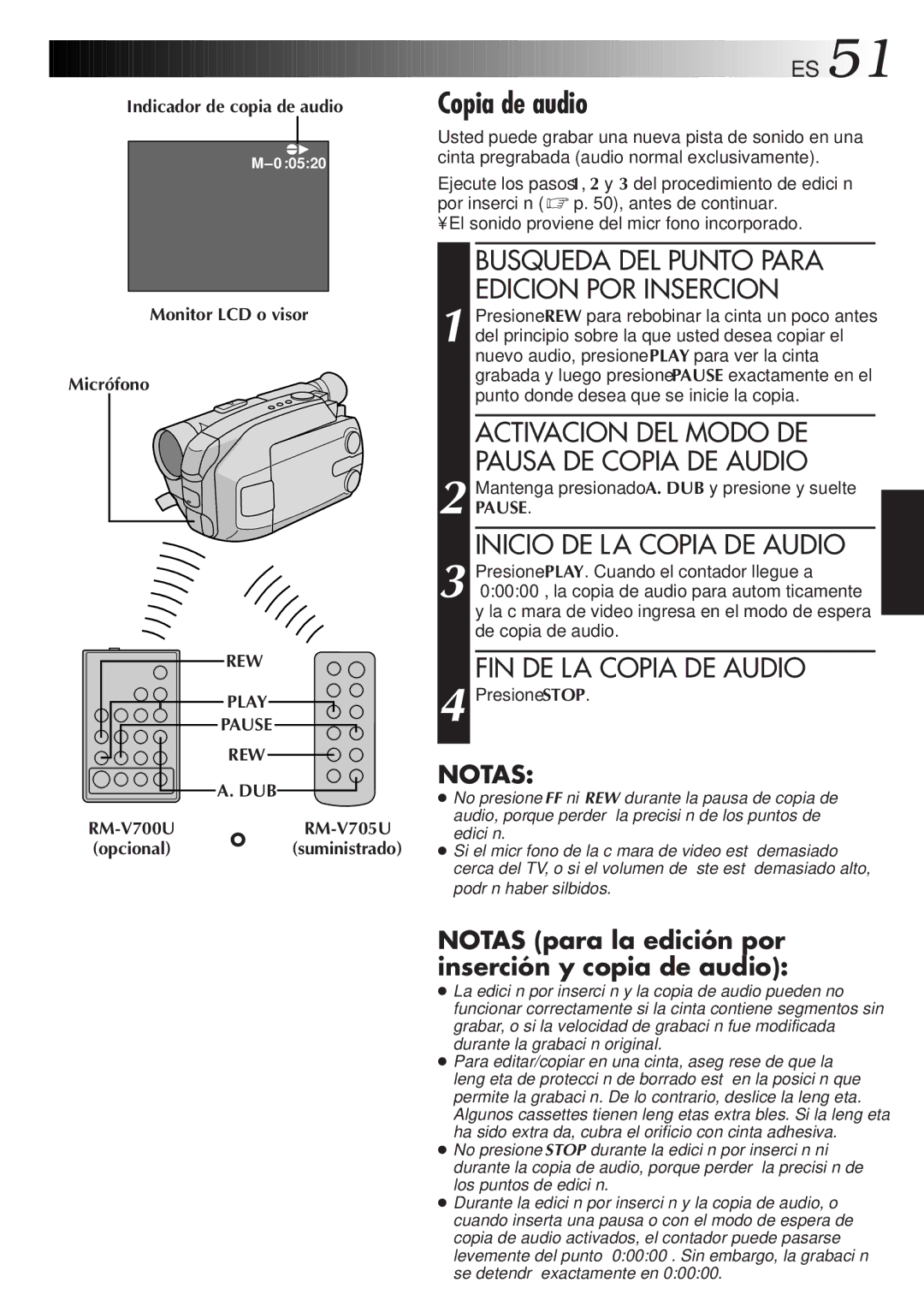 JVC GR-AXM77UM manual Indicador de copia de audio Monitor LCD o visor Micrófono, REW Play Pause DUB 