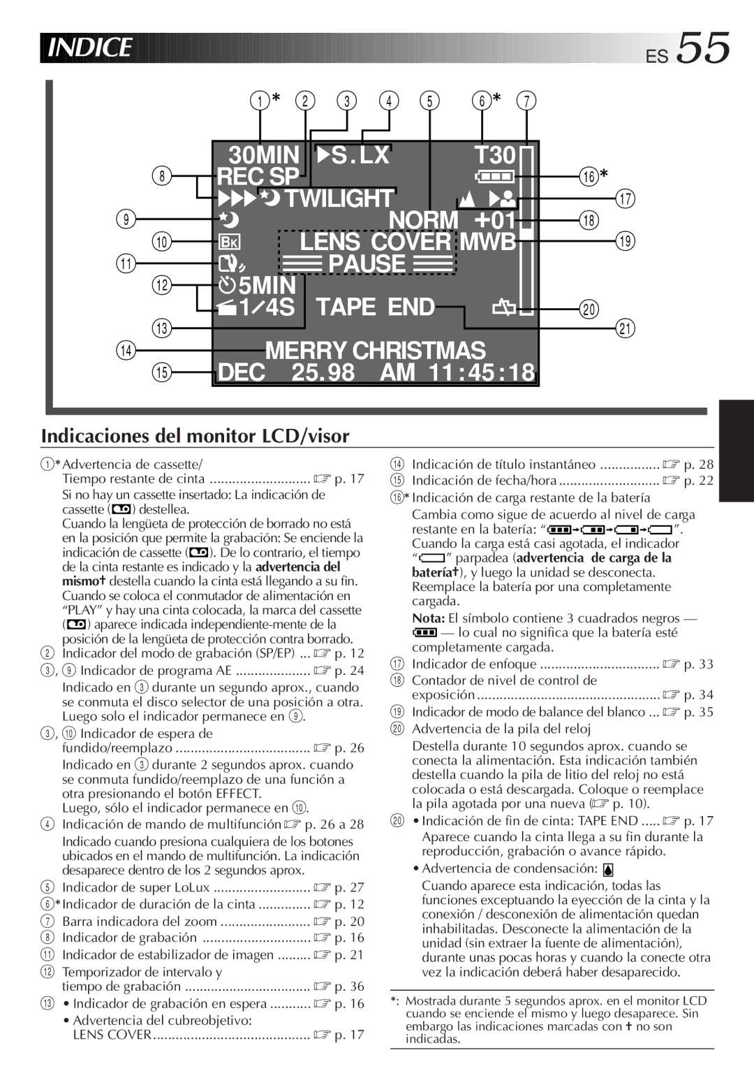 JVC GR-AXM77UM manual Indice, Indicaciones del monitor LCD/visor 