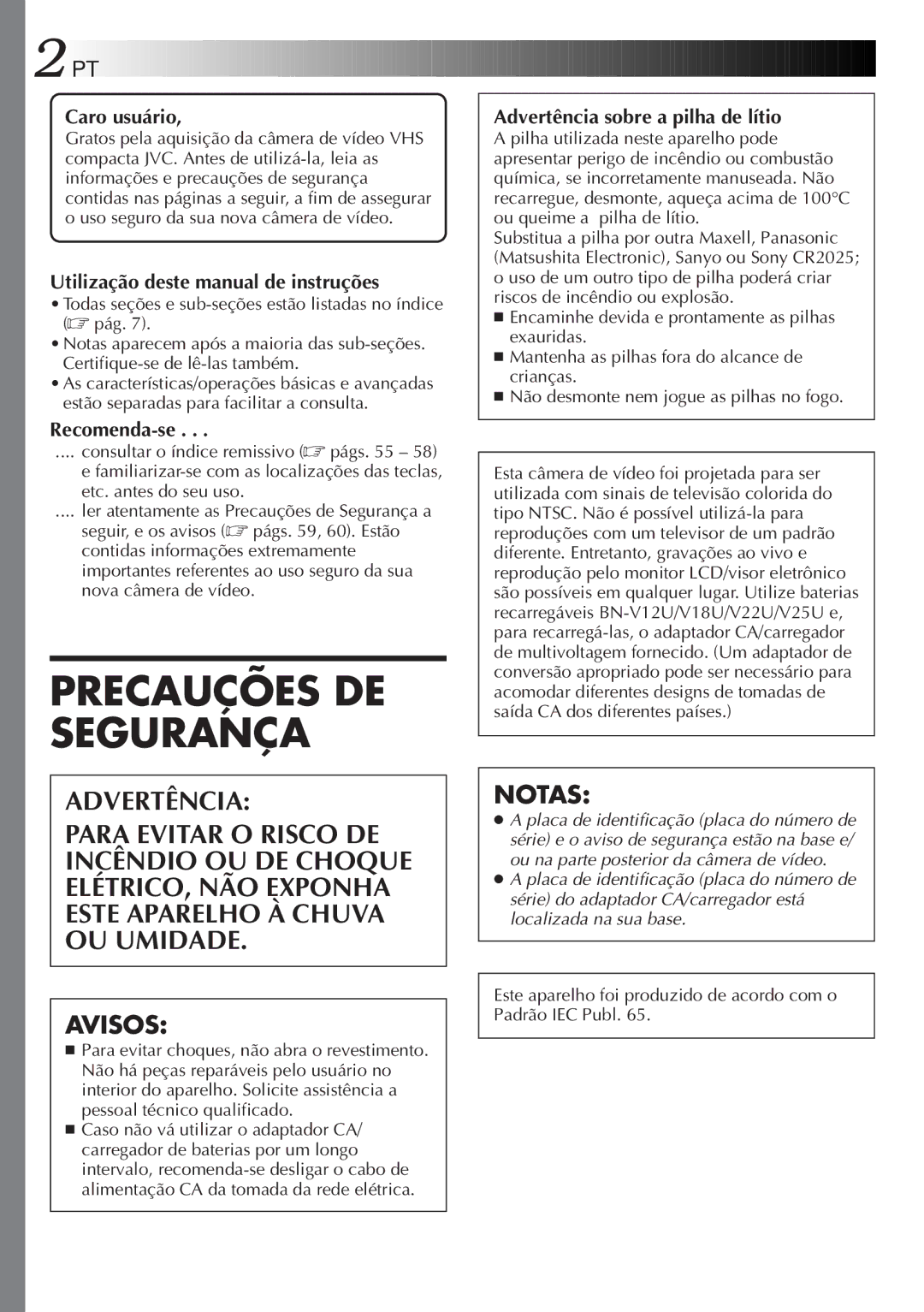 JVC GR-AXM77UM Caro usuário, Utilização deste manual de instruções, Recomenda-se, Advertência sobre a pilha de lítio 