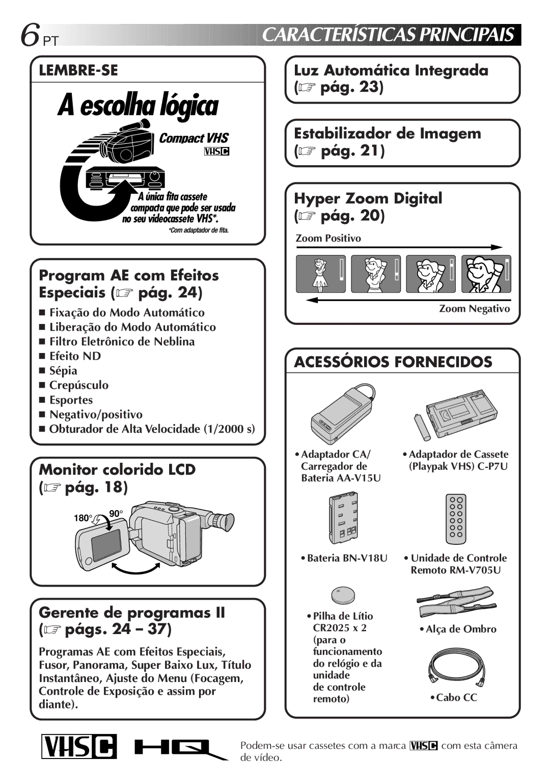 JVC GR-AXM77UM manual PT Características Principais 