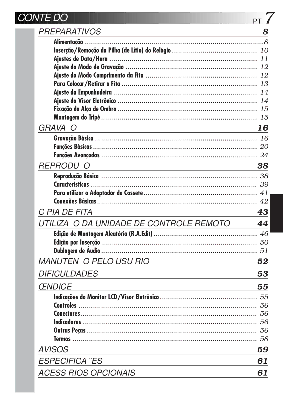 JVC GR-AXM77UM manual Conteúdo, Inserção/Remoção da Pilha de Lítio do Relógio 