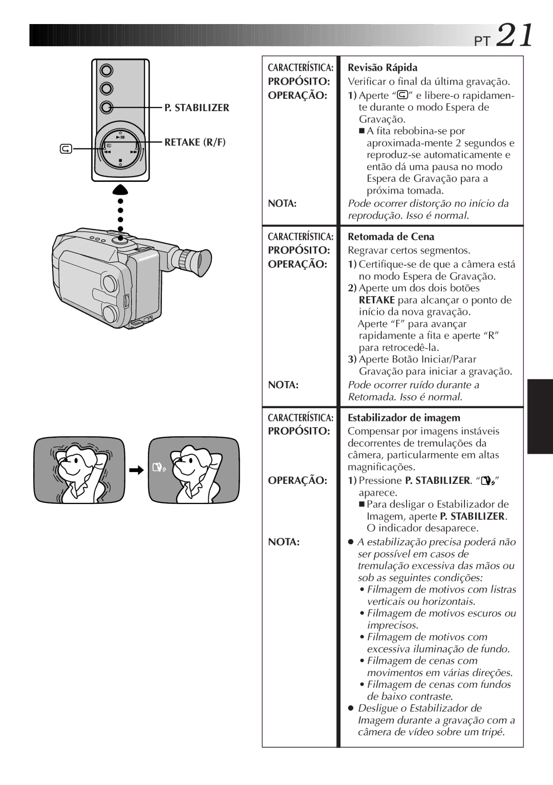 JVC GR-AXM77UM manual Revisão Rápida, Propósito, Retomada de Cena, Estabilizador de imagem, Pressione P. Stabilizer 