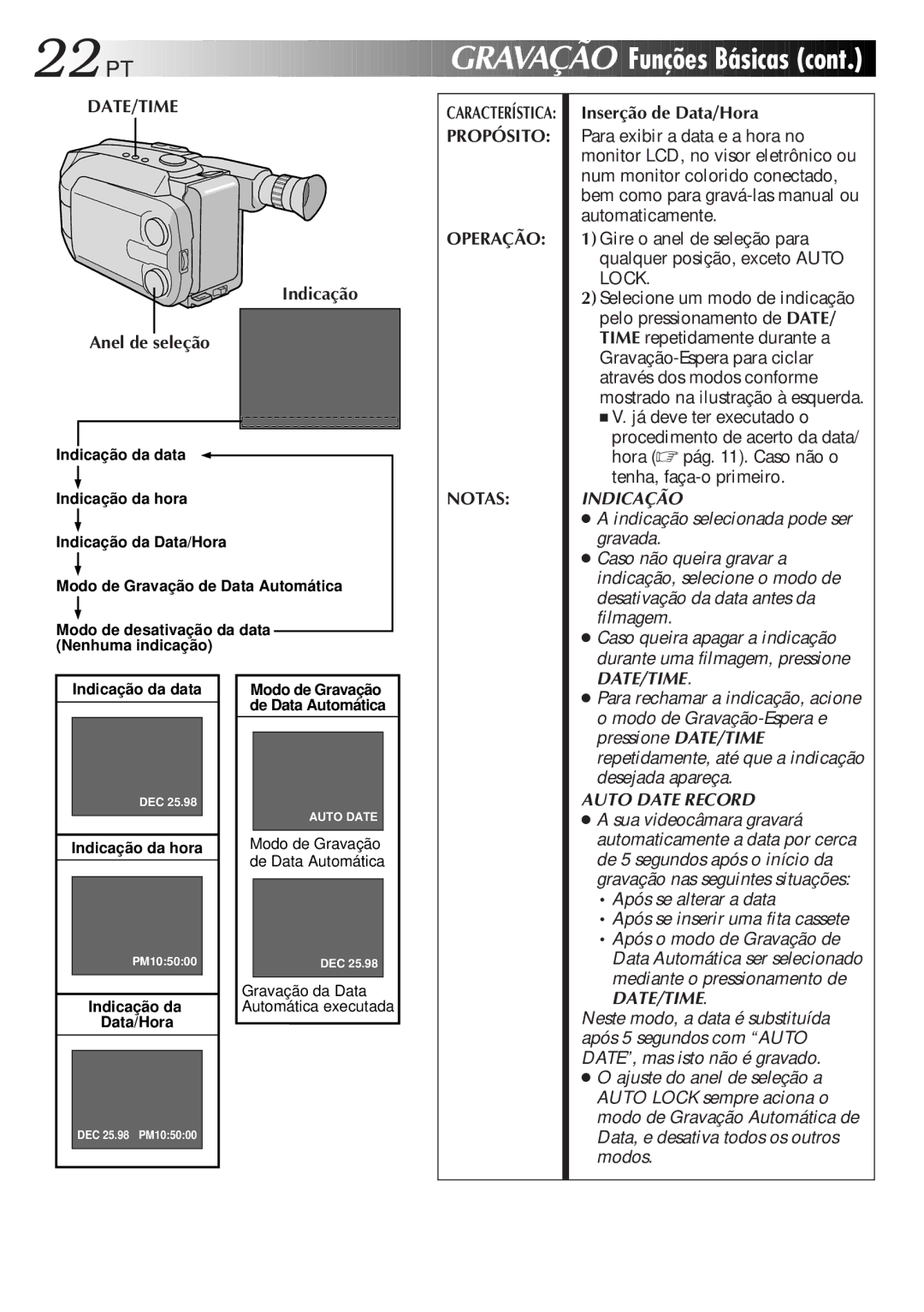 JVC GR-AXM77UM manual Funções Básicas, Indicação Anel de seleção, Propósito Operação Notas, Inserção de Data/Hora 