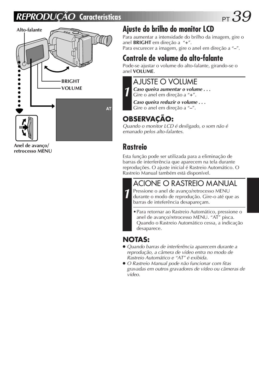 JVC GR-AXM77UM manual Reprodução Características PT, Ajuste do brilho do monitor LCD, Controle de volume do alto-falante 