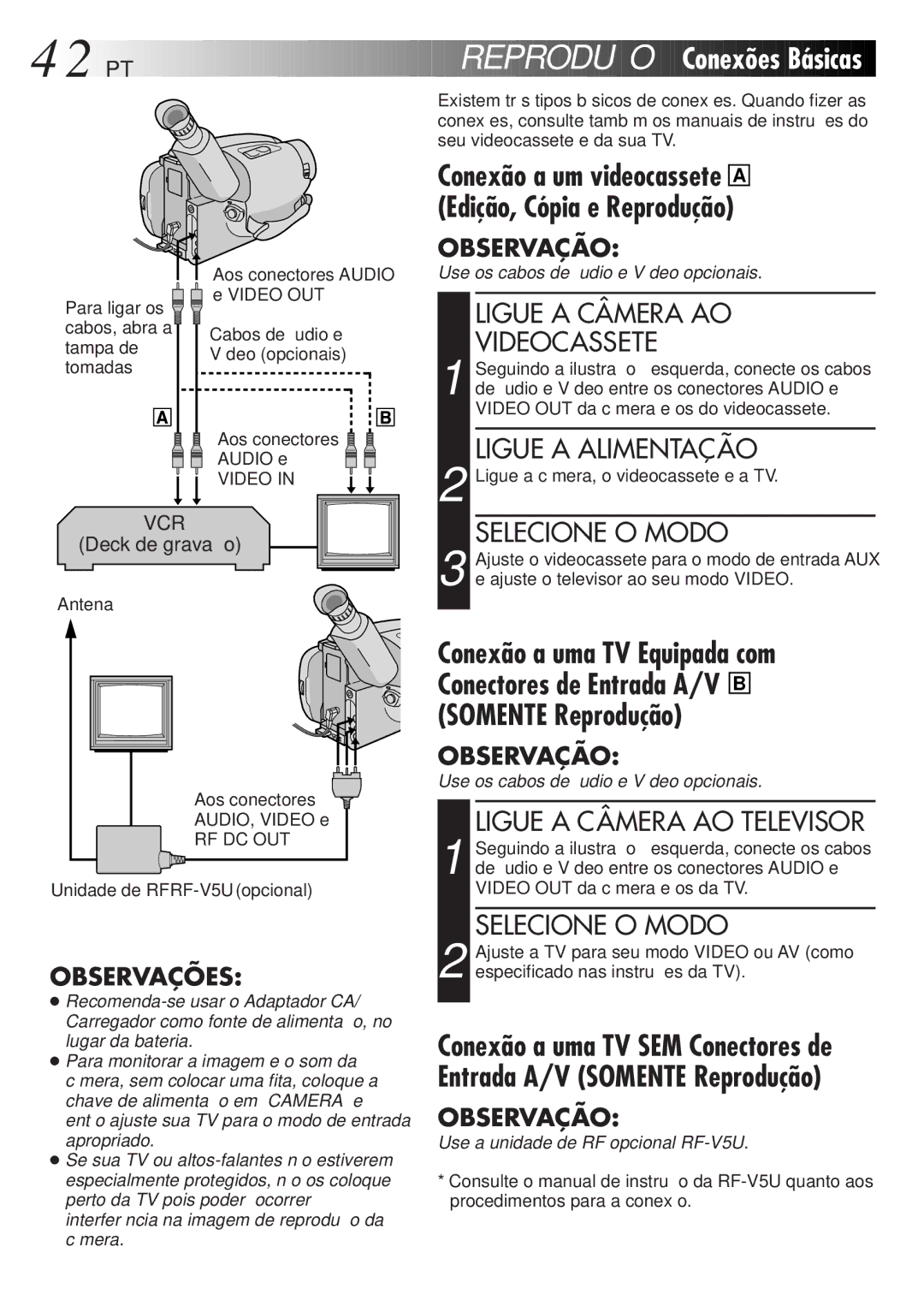 JVC GR-AXM77UM manual PT Reprodução, Conexões Básicas, Ligue a Câmera AO Videocassete, Ligue a Câmera AO Televisor 