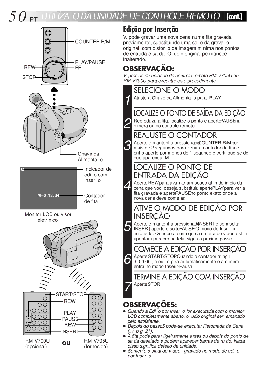 JVC GR-AXM77UM manual REW Stop, RM-V700U OU RM-V705U Opcionalfornecido 