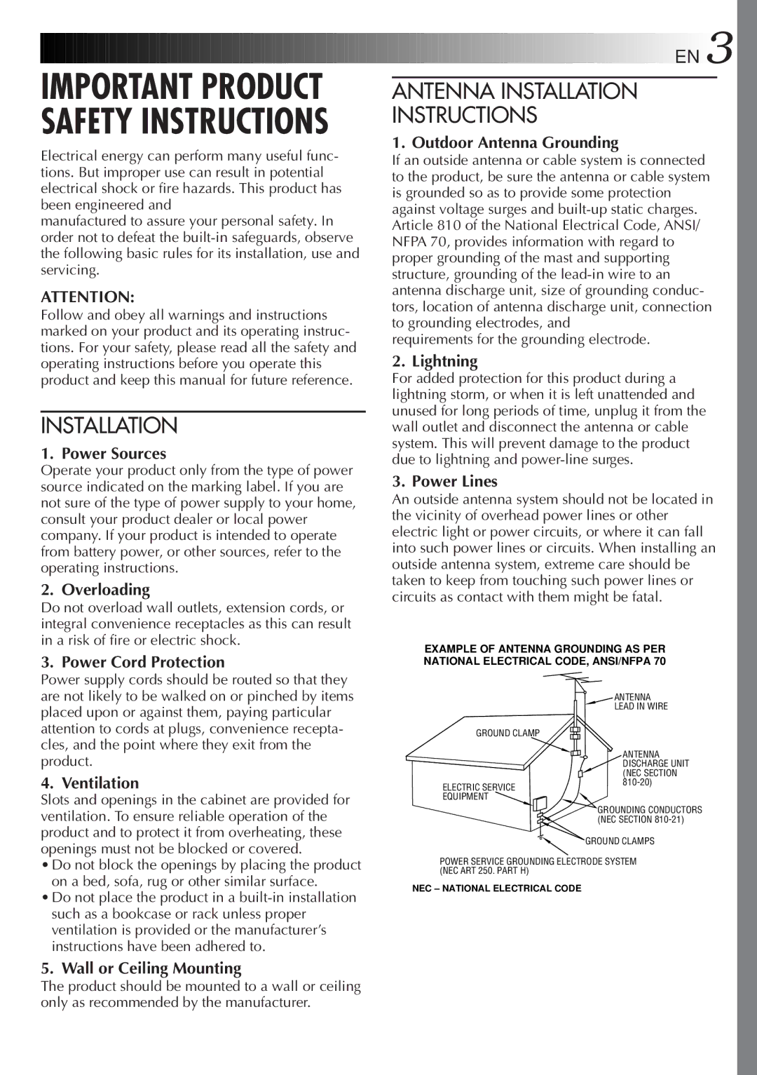 JVC GR-AXM77UM manual Antenna Installation Instructions 