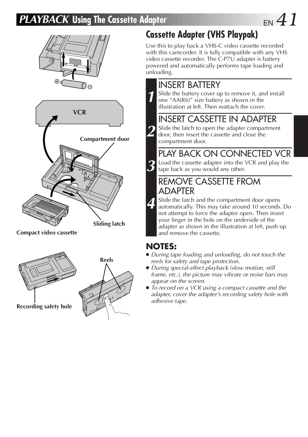 JVC GR-AXM77UM manual Using The Cassette Adapter EN, Cassette Adapter VHS Playpak, Insert Cassette in Adapter 