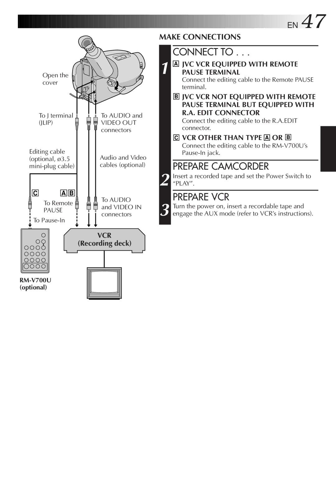 JVC GR-AXM77UM manual Connect to, Prepare Camcorder, Prepare VCR, Recording deck, RM-V700U optional 