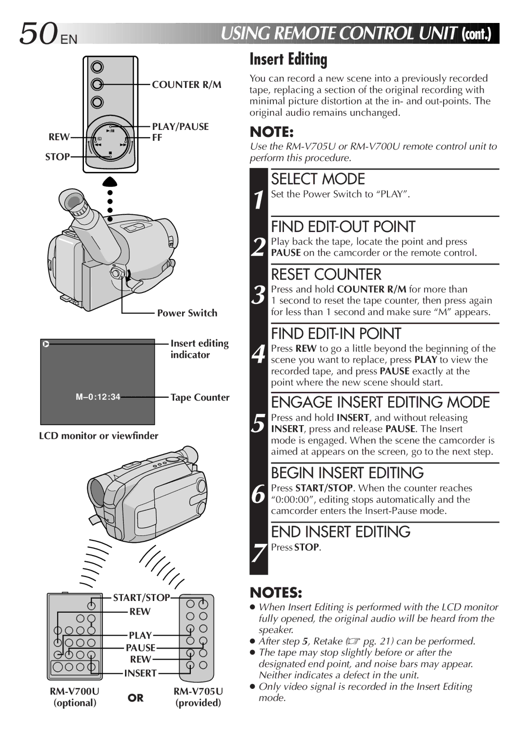 JVC GR-AXM77UM manual Counter R/M REW, START/STOP REW Play Pause Insert, RM-V700URM-V705U Optional or provided 