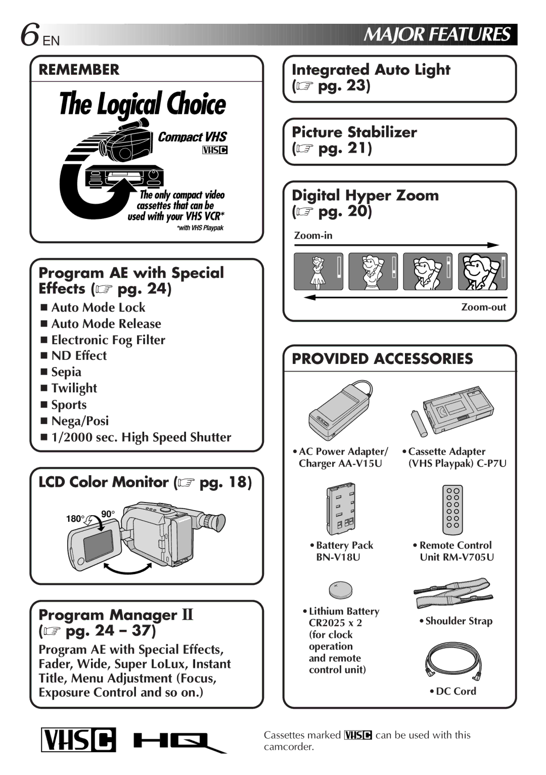 JVC GR-AXM77UM Integrated Auto Light, Picture Stabilizer pg, Digital Hyper Zoom pg, Program AE with Special Effects pg 