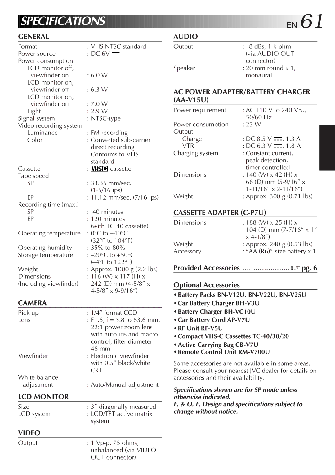 JVC GR-AXM77UM manual Specifications 